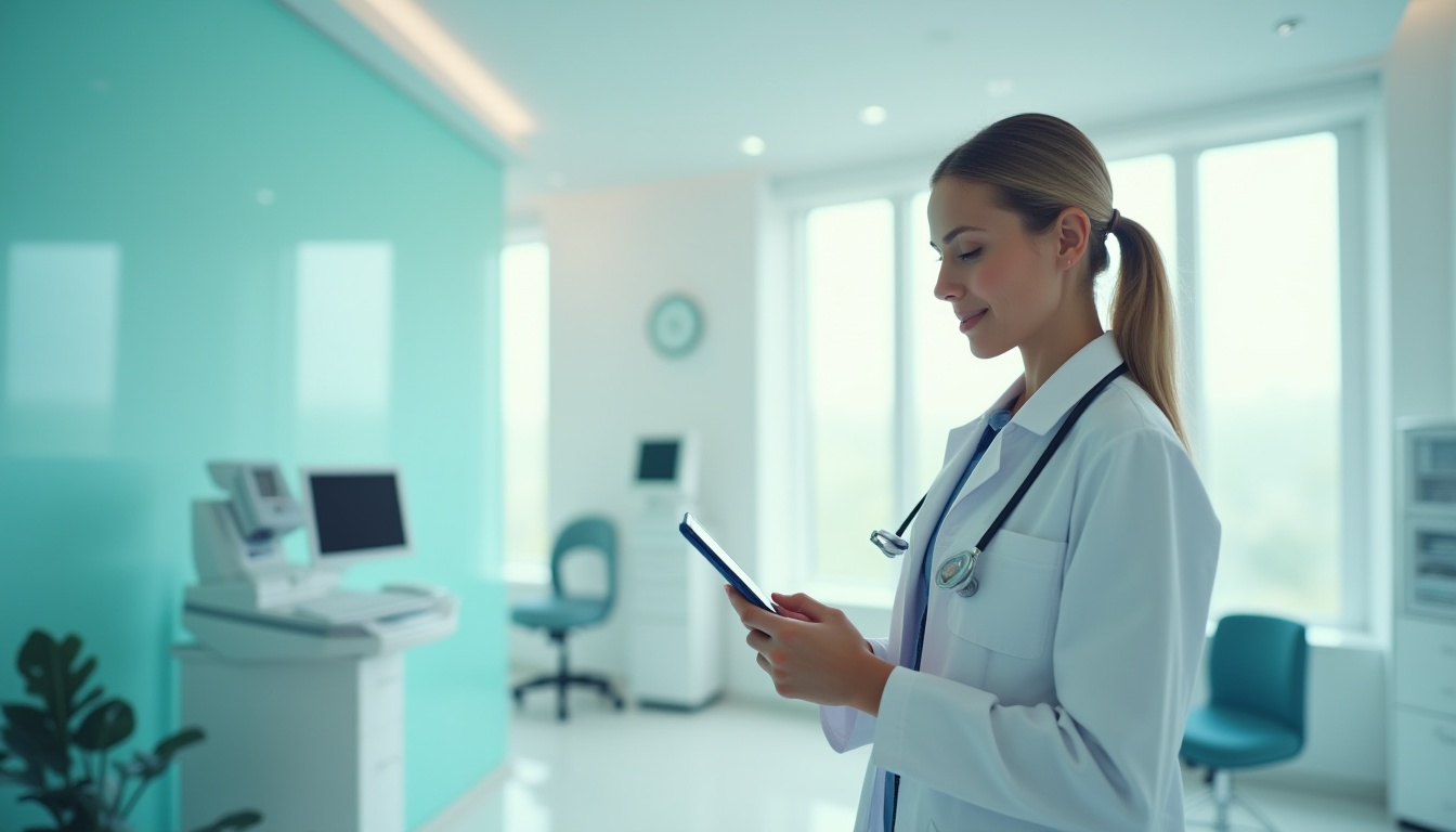 Lekarka w białym fartuchu ze stetoskopem korzysta z tabletu w nowoczesnej przychodni medycznej