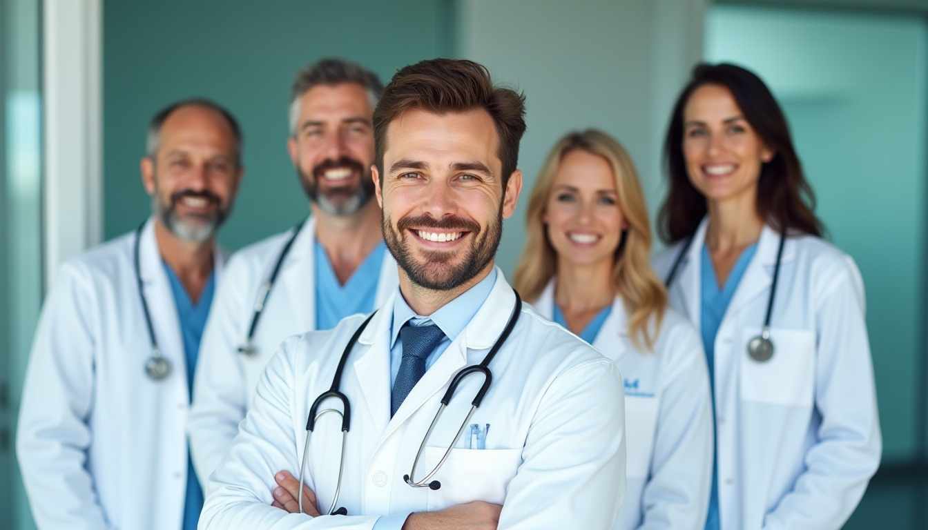 Zespół lekarzy w białych fartuchach ze stetoskopami stojący w nowoczesnej przychodni, z uśmiechniętym lekarzem na pierwszym planie